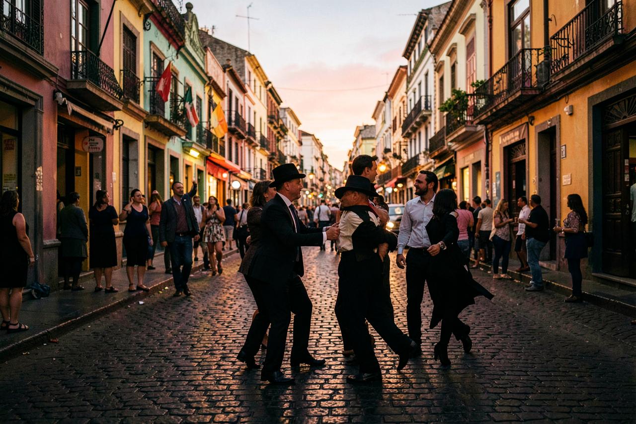 Tanečníci tanga v ulici La Boca v Buenos Aires