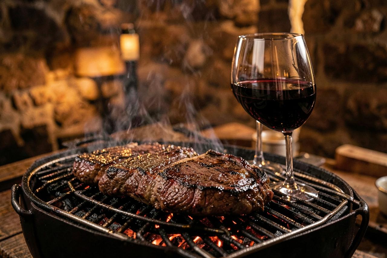 Argentinský steak na grilu vedle sklenky vína Malbec
